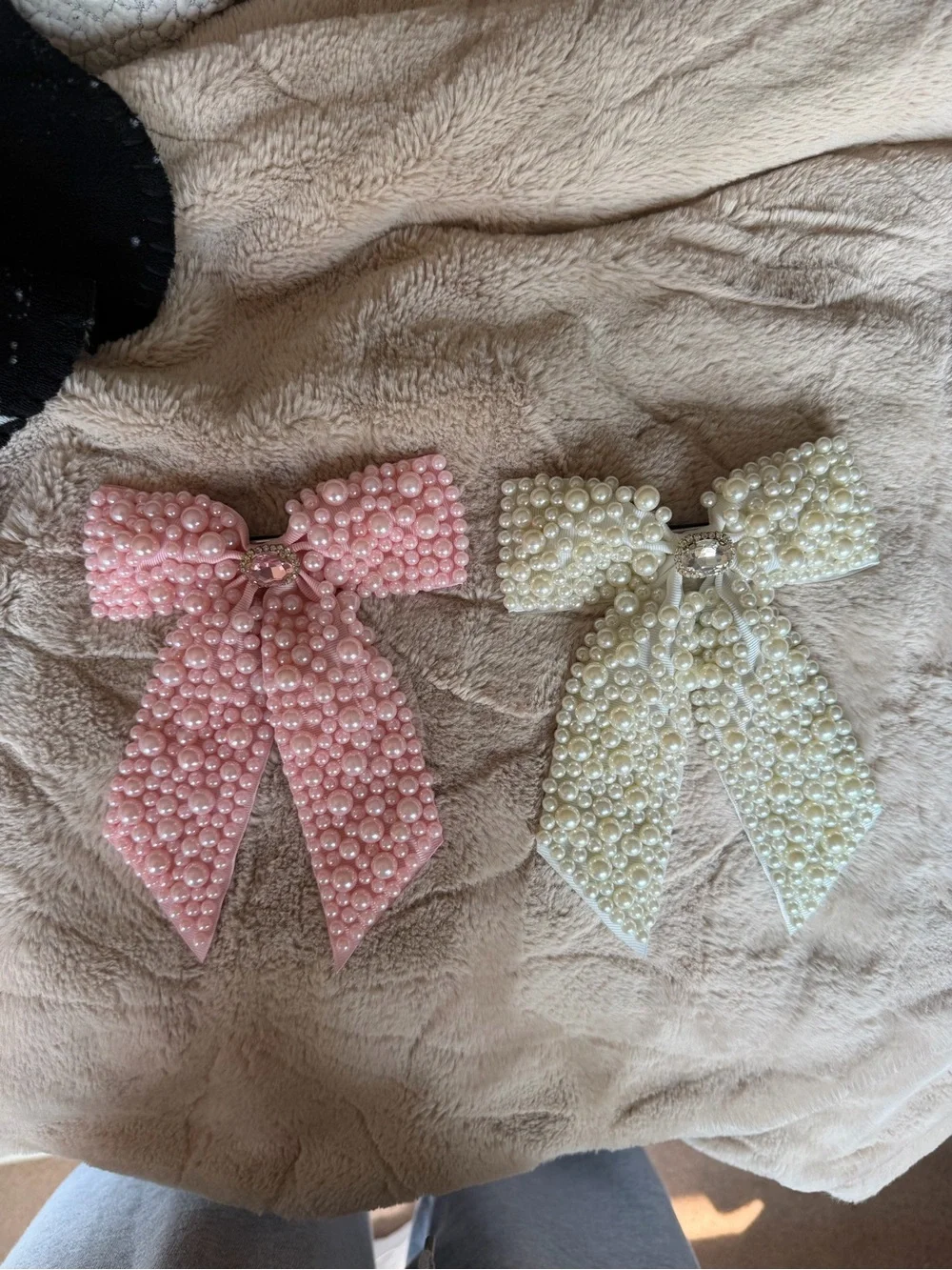 Pearl Bow Hair Clips - Pink and white set of two